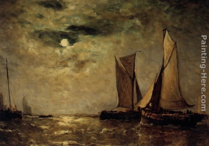 Paul-Jean Clays Shipping off the Coast in the Moonlight